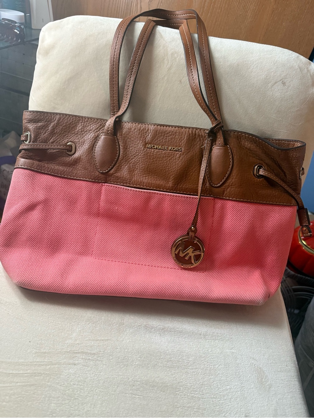 Michael Kors Marina Large North South Coral Pink Brown Tote Bag Purse MK